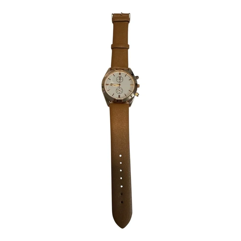 Womens Rose Gold Tone Analog Watch Tan Faux Leather Strap White Dial Minimalist